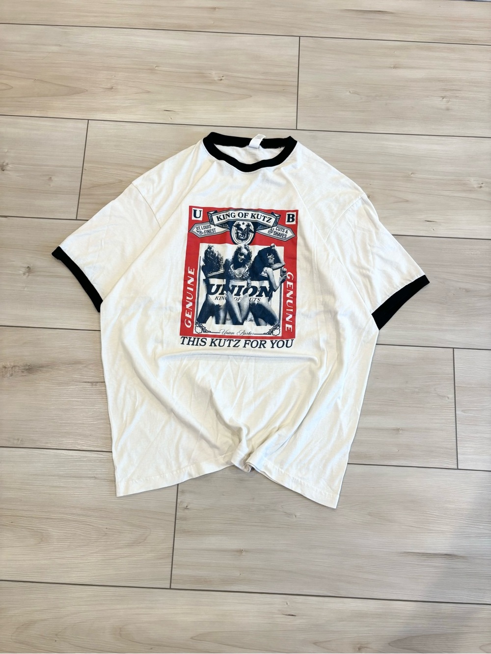 Tultex King of Kutz Budweiser Babe White Ringer Tee with Red & Black Graphic